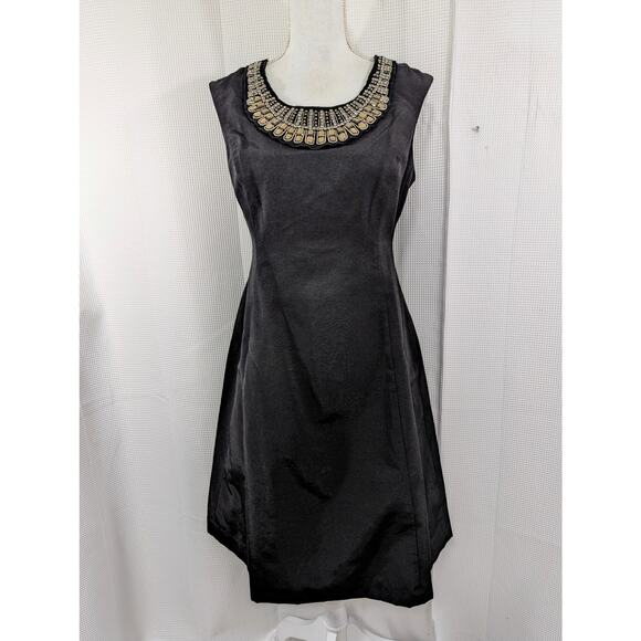 ALFANI! STUNNING! ELEGANT JEWEL & PEARL ENCRUSTED NECK BLACK SHELL DRESS! SZ 6 - Picture 2 of 9